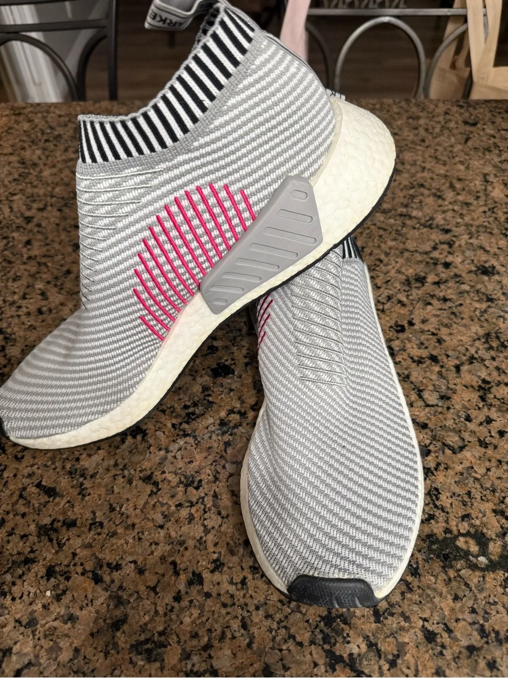 adidas White and Black Slip-On Knit Sneakers with Red Accents